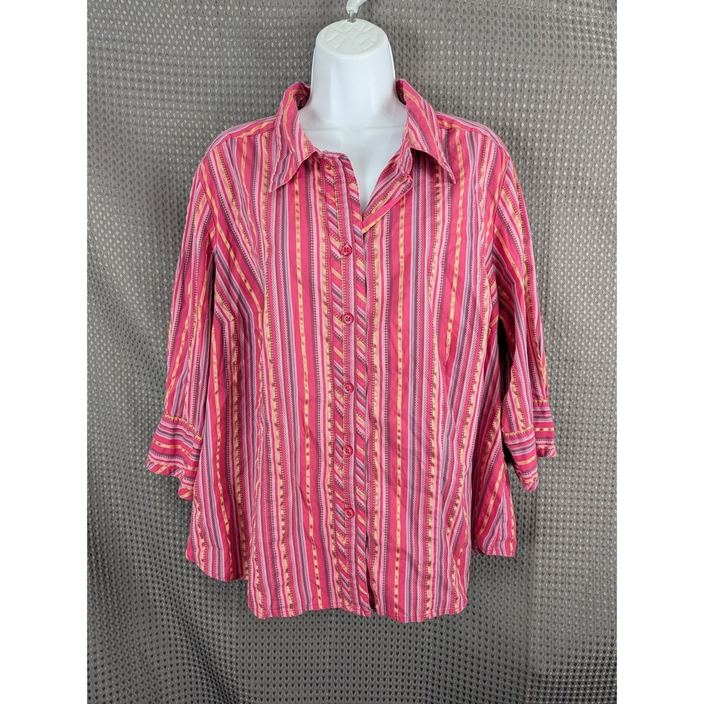 Lane Bryant Womens 18/20 Pink Orange Striped 3/4 Sleeve Button Front Shirt Top